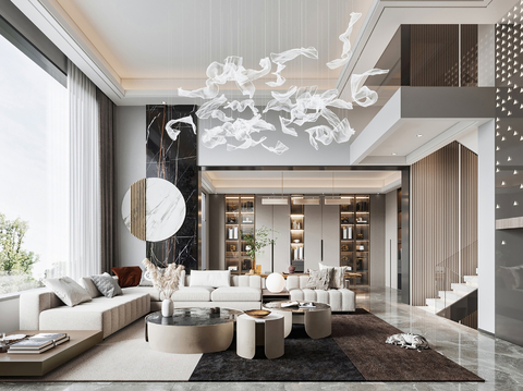  现代别墅高级灰卧室餐厅客厅大平层效果图 