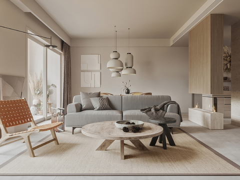  现代侘寂风别墅高级灰卧室餐厅客厅大平层效果图 