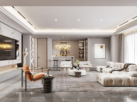  现代别墅高级灰卧室餐厅客厅大平层效果图 