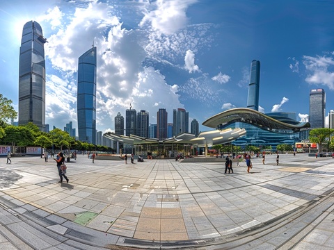 城市户外广场天际线全景