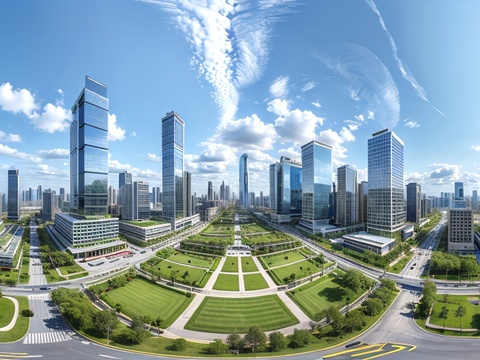 城市街道_蓝天白云_城市草坪_城市日景_户外建筑