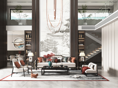  新中式别墅大堂3d模型 