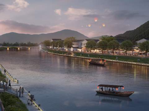  现代湖边船只夜景psd 