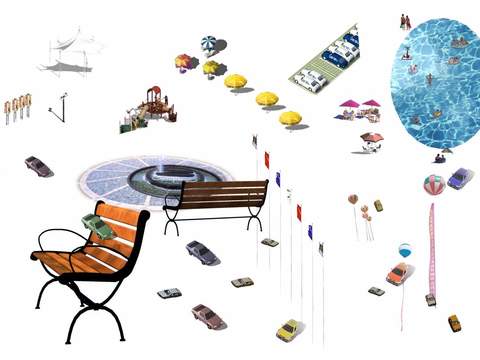  现代公园热气球座椅汽车psd 