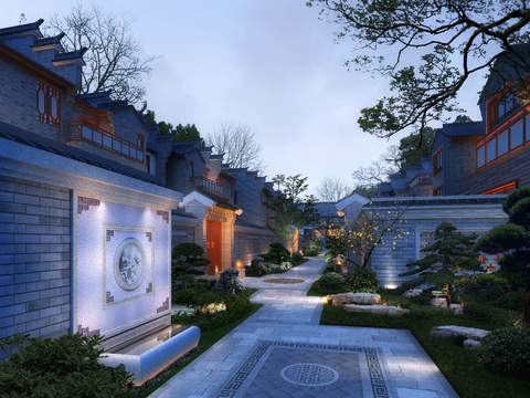  现代住宅楼绿植庭院夜景psd 