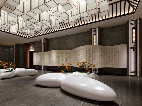  新中式博物馆休息过道3d模型 