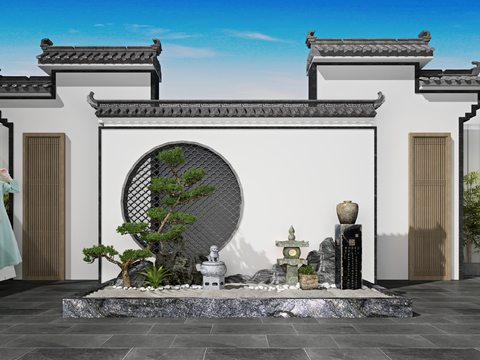  新中式景观墙假山园艺小品3d模型 