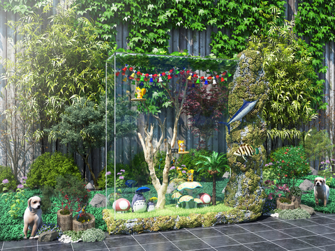  自然风绿植假山景观小品3d模型 