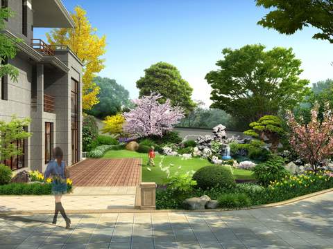  假山石庭院绿植植物造景psd 