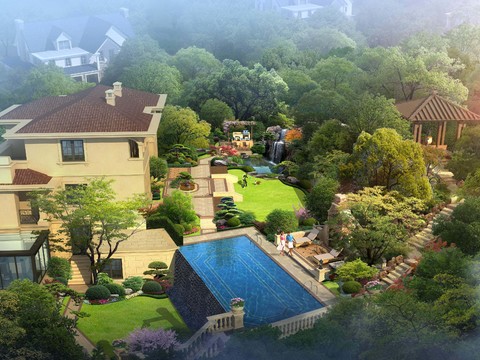  欧式独栋别墅外观园林景观psd 