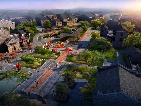  新中式商业街鸟瞰psd 