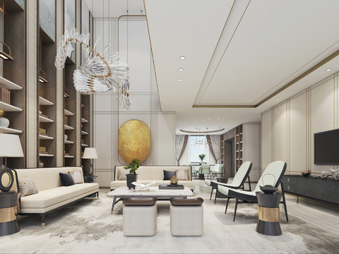  新中式轻奢别墅大堂3d模型 