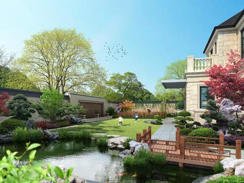  新中式庭院园林景观psd 