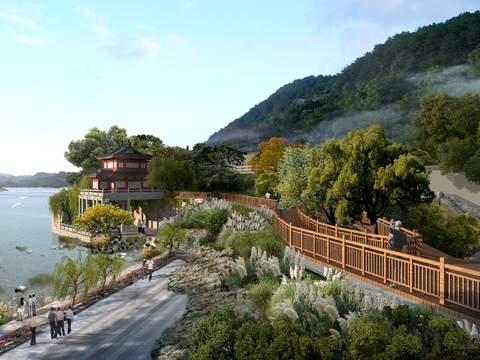  中式湿地公园凉亭外观psd 