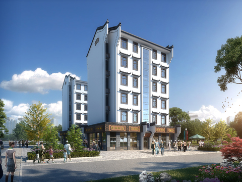  新中式商业楼建筑外观psd 