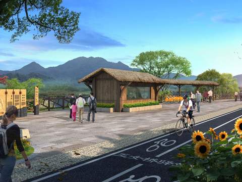  现代茅草屋道路园林景观psd 