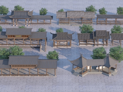  中式长廊 廊架3d模型 