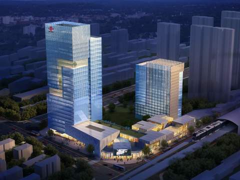  现代办公楼建筑外观夜景psd 