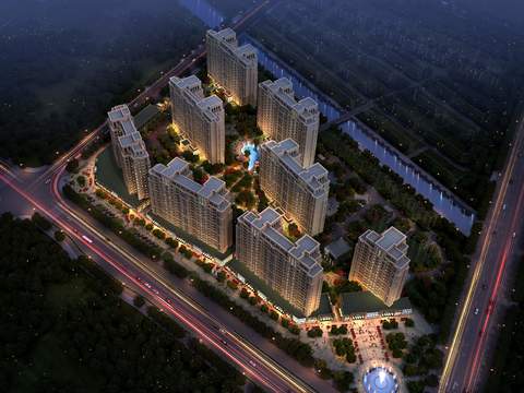  现代建筑外观夜景鸟瞰景观psd 