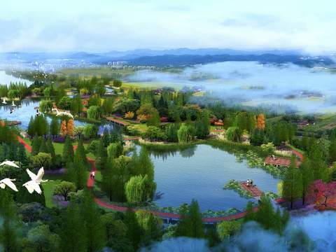  现代湿地公园园林鸟瞰psd 