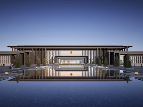  现代政府办公楼外观夜景psd 