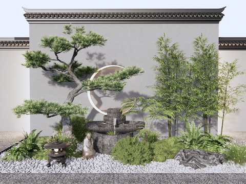  新中式松树景墙造景3d模型 