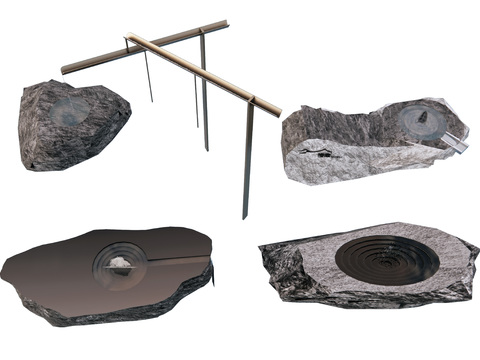  黑山石水钵 流水石钵 水景3d模型 