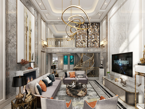  现代轻奢别墅客厅餐厅3d模型 