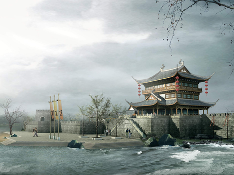  中式博物馆建筑外观psd 