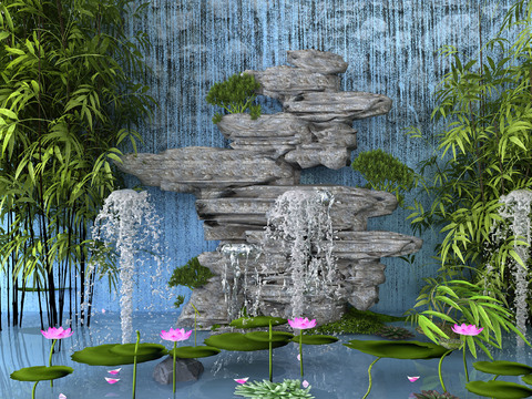  新中式莲花池假山喷泉景观小品3d模型 