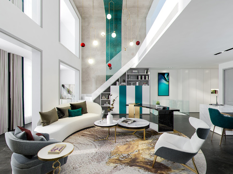  现代轻奢别墅大堂餐厅3d模型 