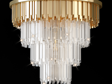  现代轻奢多层水晶吊灯3d模型下载 金色金属框架吸顶灯饰 客厅卧室餐厅装饰灯具 