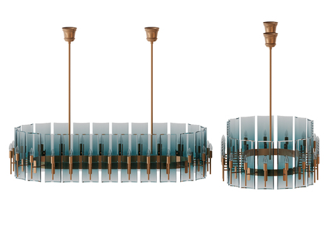  现代简约铜色金属吊灯3d模型下载 客厅餐厅蓝色玻璃板艺术装饰灯具 优雅水晶灯饰设计 