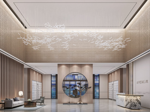  新中式会所前台大厅3d模型 