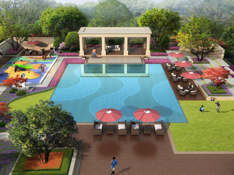  现代未来小区游泳池景观psd 