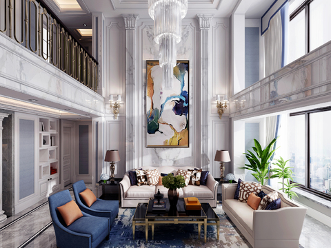  简欧别墅客厅餐厅3d模型 