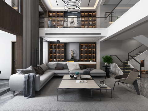  现代别墅客厅餐厅书房3d模型 