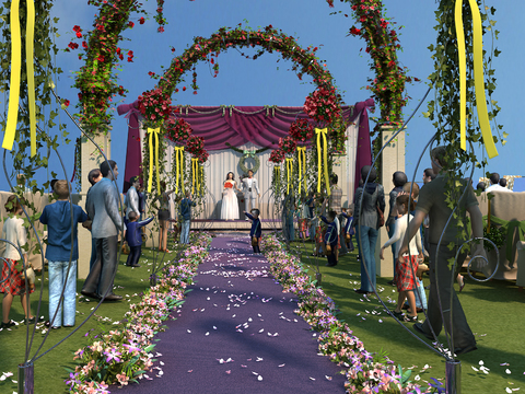  现代室外草坪婚礼新郎新娘3d模型 