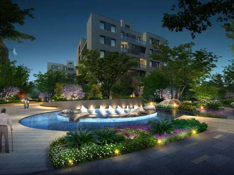  现代小区公园喷水池psd 