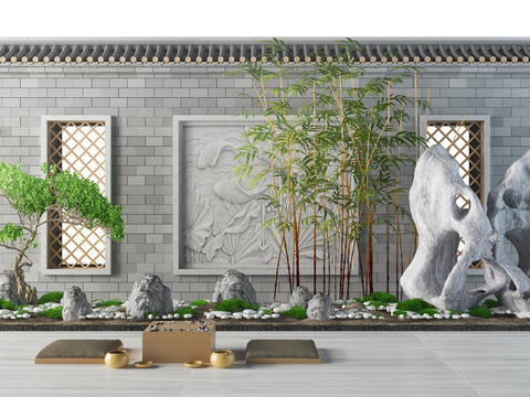  新中式假山绿植围棋园艺小品3d模型 