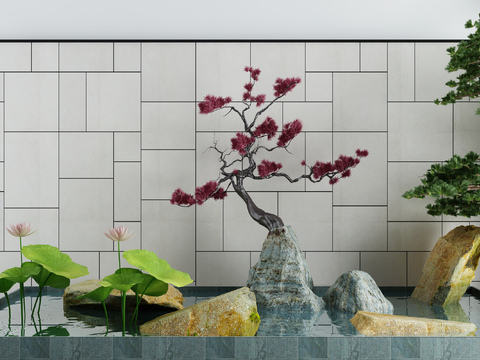  新中式荷花水景园艺小品3d模型 