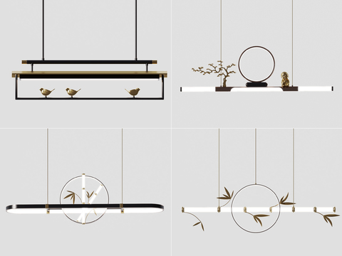  新中式轻奢吊灯现代简约设计3d模型下载 金属木质装饰鸟形元素室内装饰灯 