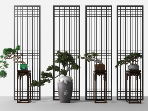  新中式盆栽屏风3d模型 