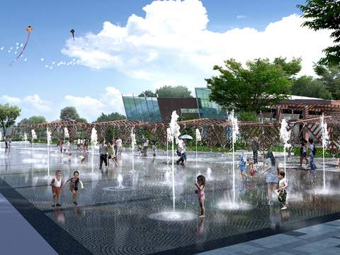  现代广场喷水池景观psd 