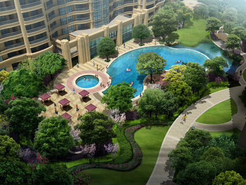  现代小区游泳池鸟瞰psd 