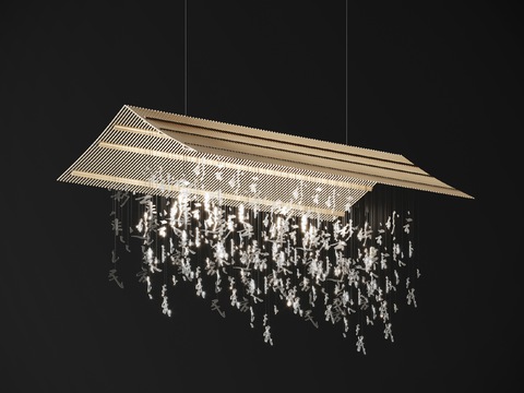  新中式吊灯3d模型下载 现代轻奢水晶装饰 金属框架酒店大堂吊灯 