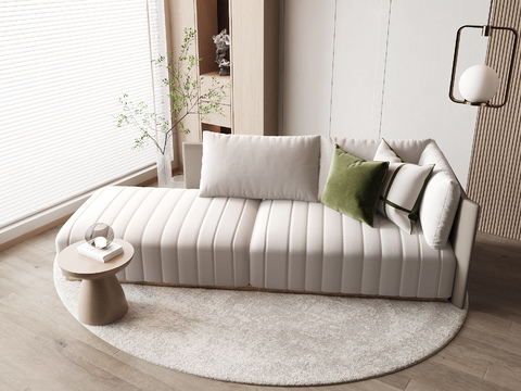  贵妃椅3d模型下载 现代客厅米白沙发休闲躺椅 绿植装饰宁静家居空间 