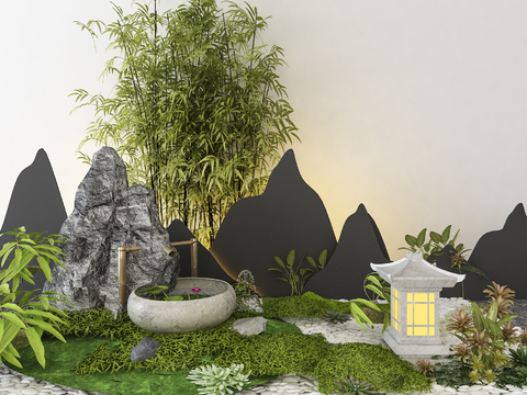  新中式假山绿植水景园艺小品3d模型 