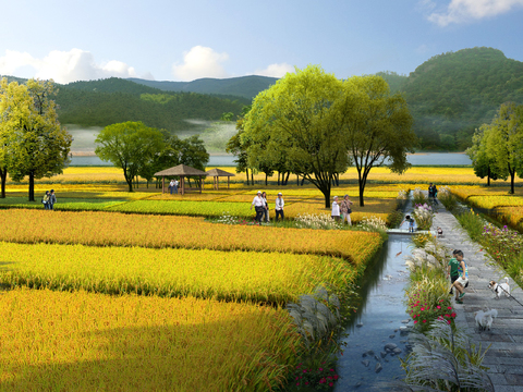  现代稻谷园林鸟瞰psd 