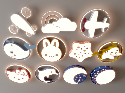  儿童房卡通吸顶灯创意3d模型下载 梦幻云朵飞机星星灯具 卧室装饰灯 